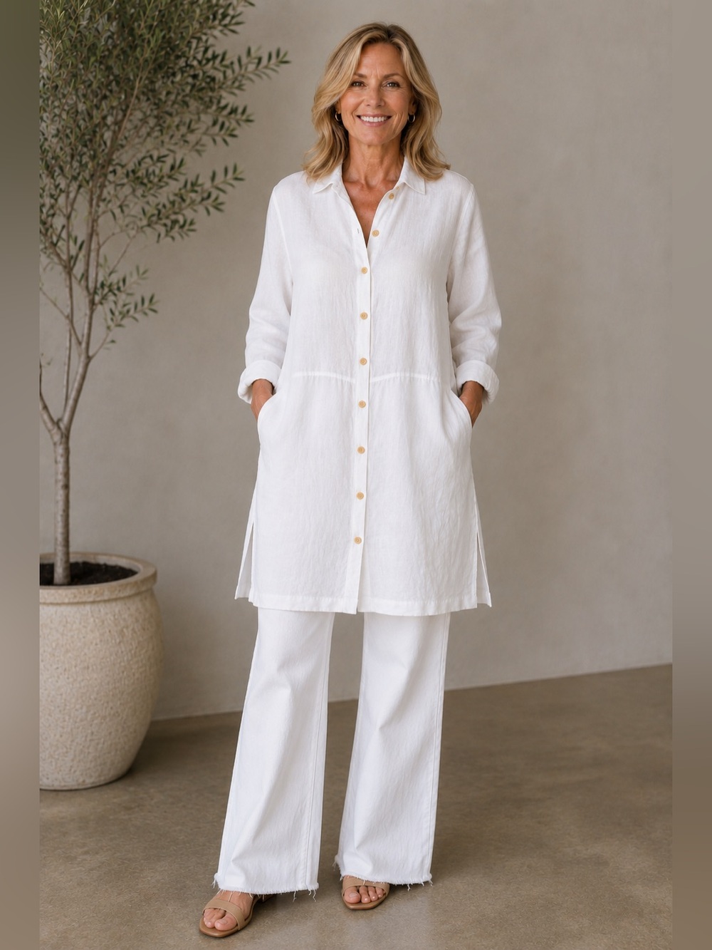 Pure Jill Linen Tunic Shirt Dress Lagenlook Coastal Old Money Chic White Small